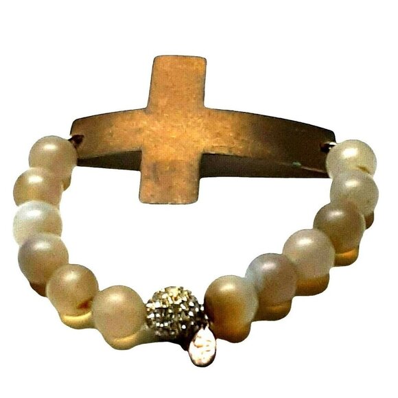 Brass Christian Cross Smoked Agate Beaded Bracelet Rhinestone Stretch Mexico - Picture 1 of 5